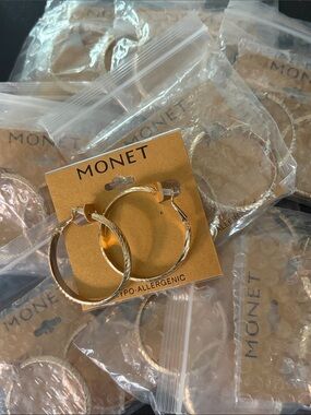 RESELLER LOT ONE DOZEN NEW MONET GOLD TONE HOOP EARRINGS $240 RETAIL!!